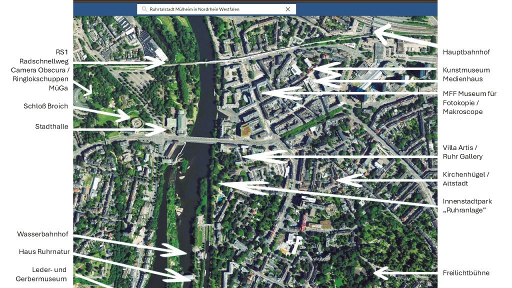 Kunst & Kultur in der Ruhrtalstadt Mülheim -Übersicht über den Stadtkern, der von der Ruhr durchströmt wird